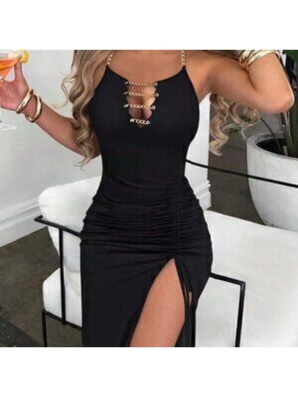 Black Sexy Women's Slimming Drawstring Halter Neck Dress With Side Slit